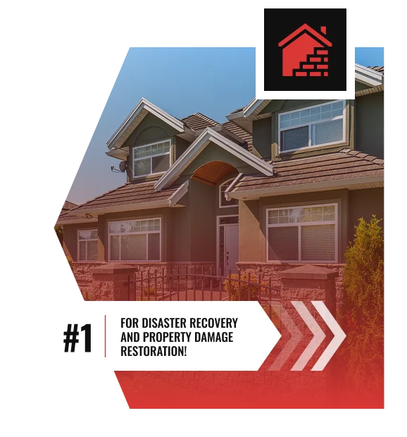 A modern two-story house with a tile roof and large windows. Overlay text reads #1 for disaster recovery and property restoration in Charlotte. The Divine Restoration Group red icon with a house and bricks appears at the top.