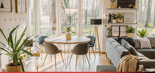 Bright, modern living and dining area with large windows, a round dining table, gray sofa, plants, and wooden floors. Sunlight streams in, highlighting the cozy charm of this Charlotte home restored by Divine Restoration Group.