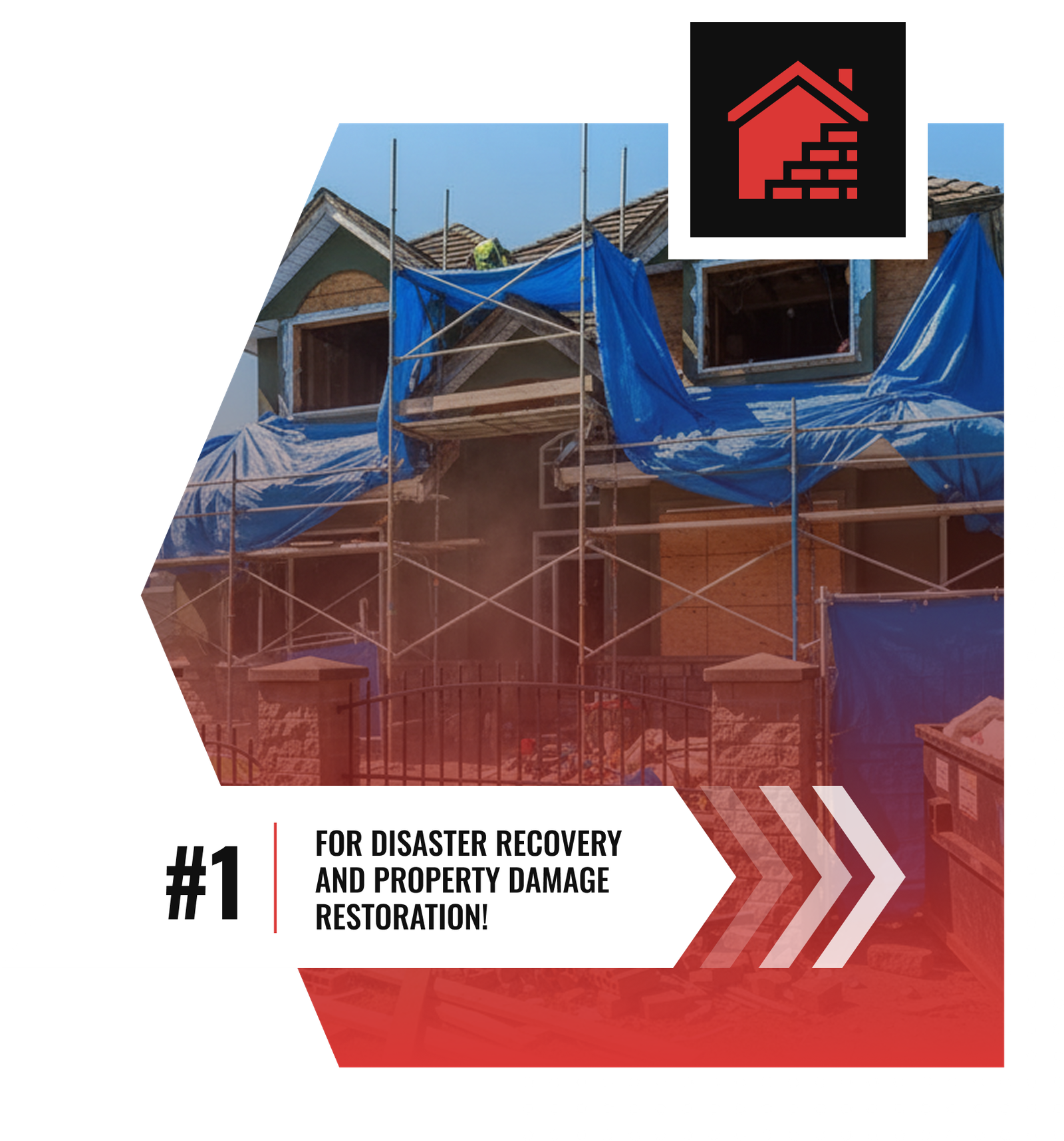 A house under construction or repair is surrounded by scaffolding and covered with blue tarps. A red icon of a house and bricks appears above. Text reads: “Charlotte’s #1 for property restoration and disaster recovery—Divine Restoration Group!”.