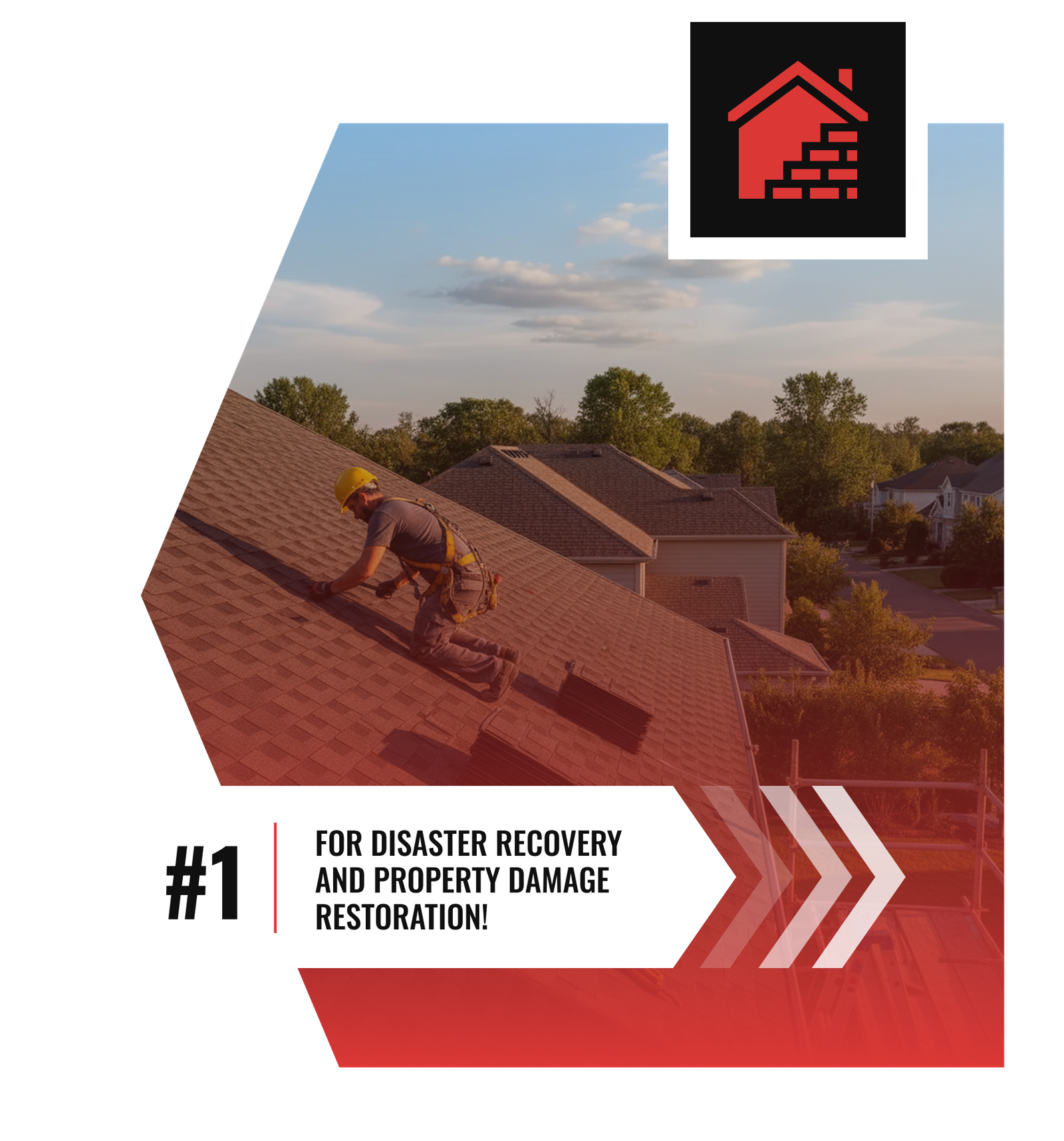 A worker in safety gear repairs a house roof at sunset. The image includes a red house and brick logo and text: “#1 for property restoration and disaster recovery in Charlotte – Divine Restoration Group!”.