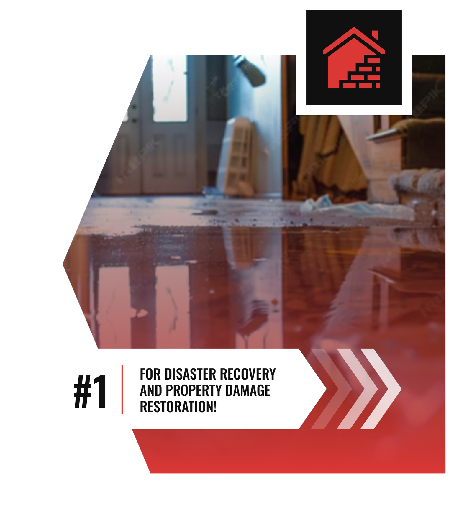 A flooded room with water covering the floor, damaged furniture, and debris. A red house and brick wall icon appears at the top, with the text #1 for Property Restoration in Charlotte by Divine Restoration Group!.