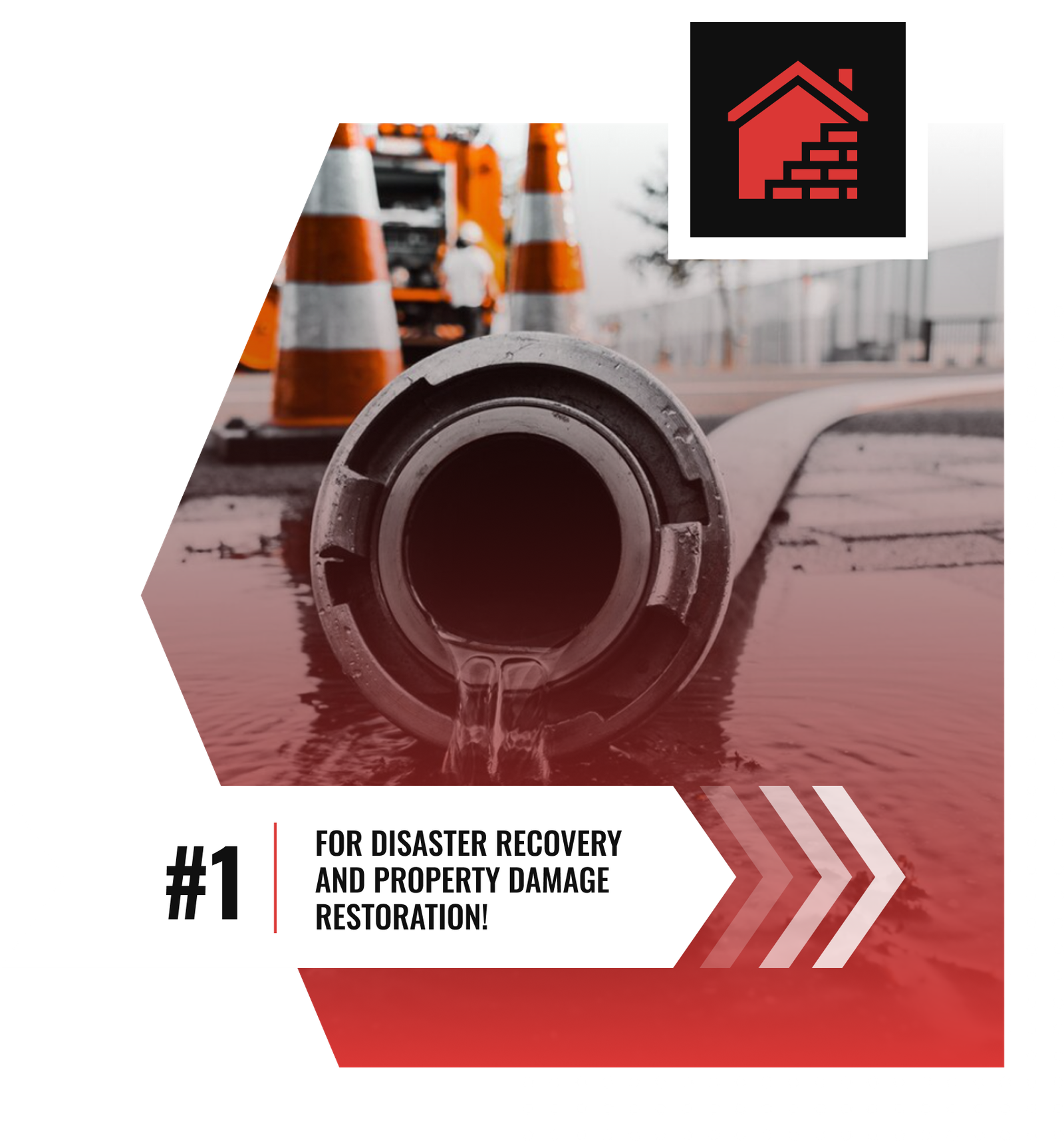 A close-up of water flowing from a large hose on a wet Charlotte street, with traffic cones and a Divine Restoration Group truck in the background. Text reads: #1 for disaster recovery and property restoration!.