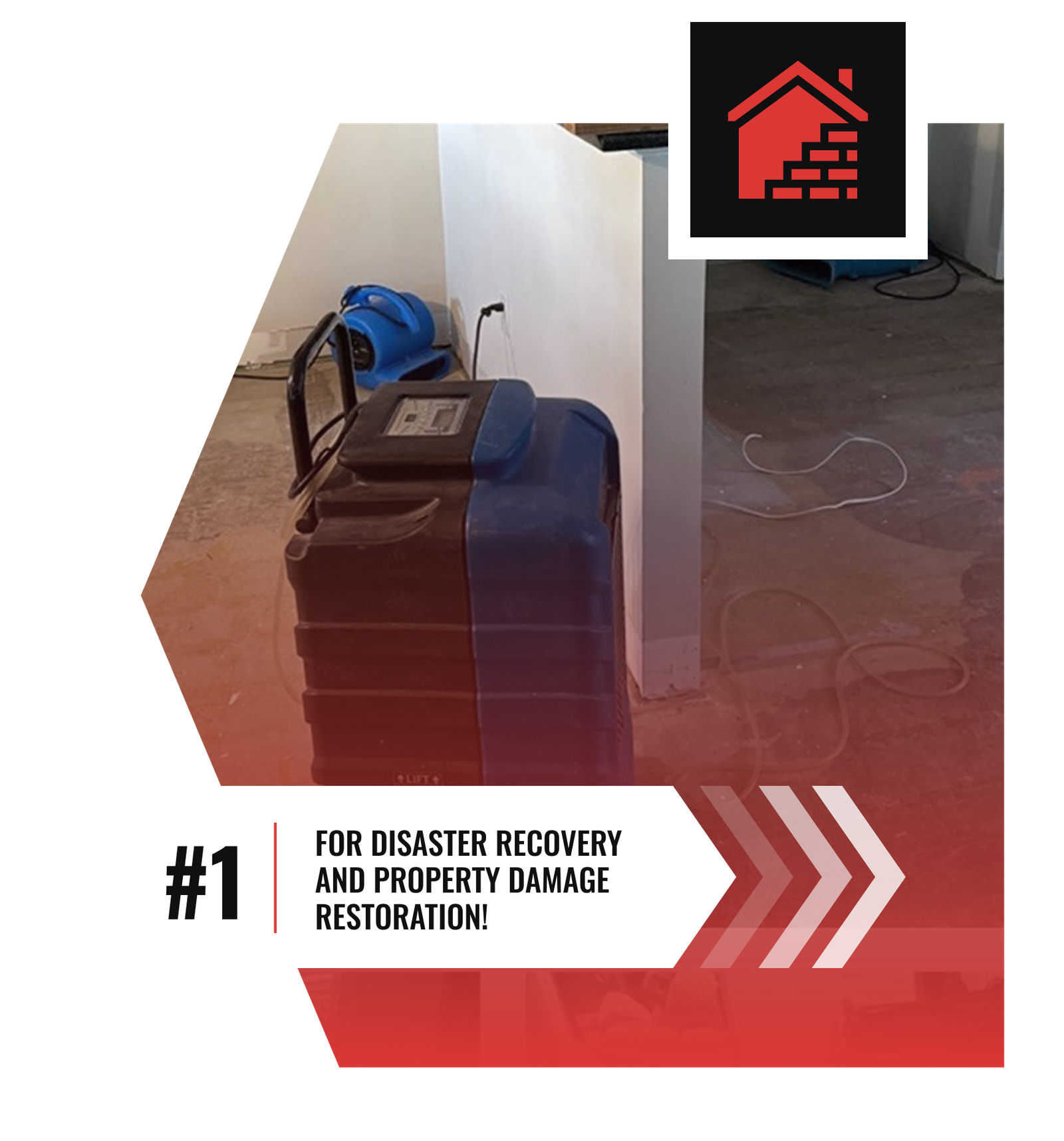 A large black and blue water extraction machine sits on the floor of a Charlotte property under restoration. A red overlay features a house repair icon and the text: #1 for disaster recovery and property restoration!.