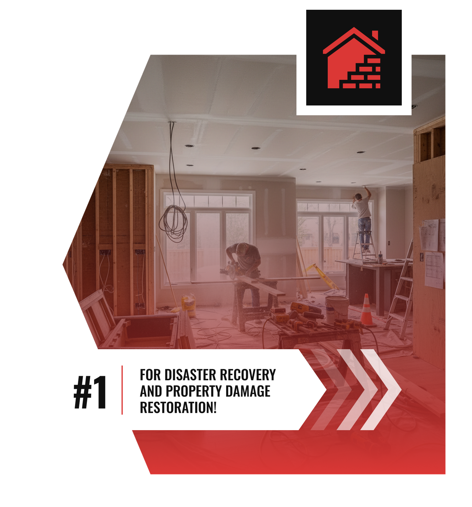 A home interior under construction with tools, ladders, and workers. Text reads: #1 for property restoration and disaster recovery in Charlotte! A red house and brick icon is in the top right corner. Divine Restoration Group branding included.