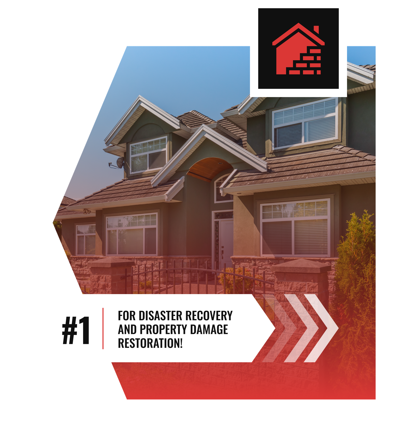 Modern two-story house with a roof and large windows, labeled as #1 for property restoration in Charlotte. A red house and bricks icon sits above, showcasing Divine Restoration Group's disaster recovery expertise.