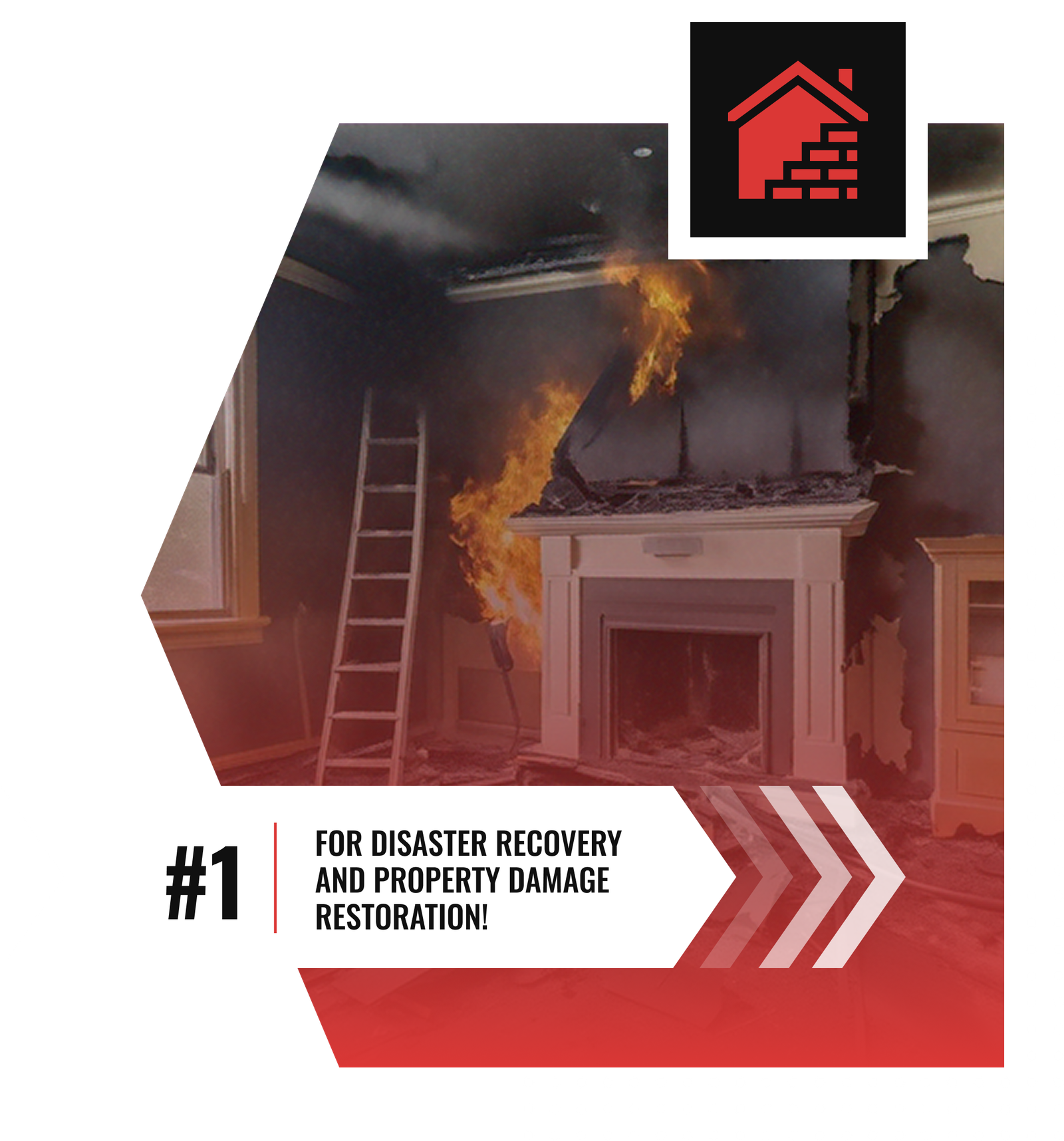 A living room in Charlotte with a fire burning above a fireplace causes significant smoke and property damage. A ladder stands nearby. Text reads: Divine Restoration Group—#1 for disaster recovery and property restoration!.