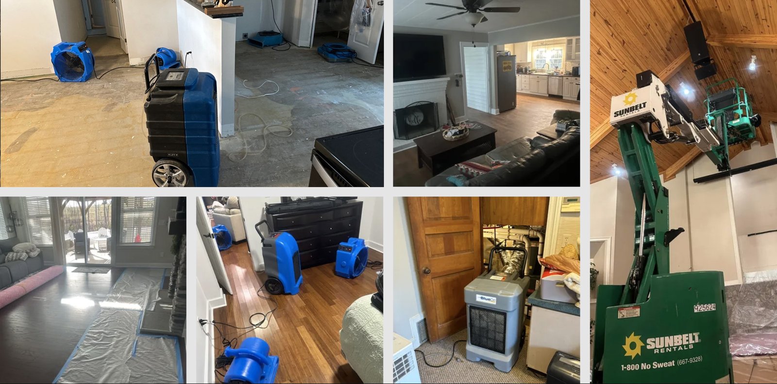 A collage of property restoration scenes: industrial fans, air movers, and dehumidifiers set up in various rooms with exposed floors and equipment, plus a green Sunbelt Rentals lift indoors—showcasing Divine Restoration Group in Charlotte.